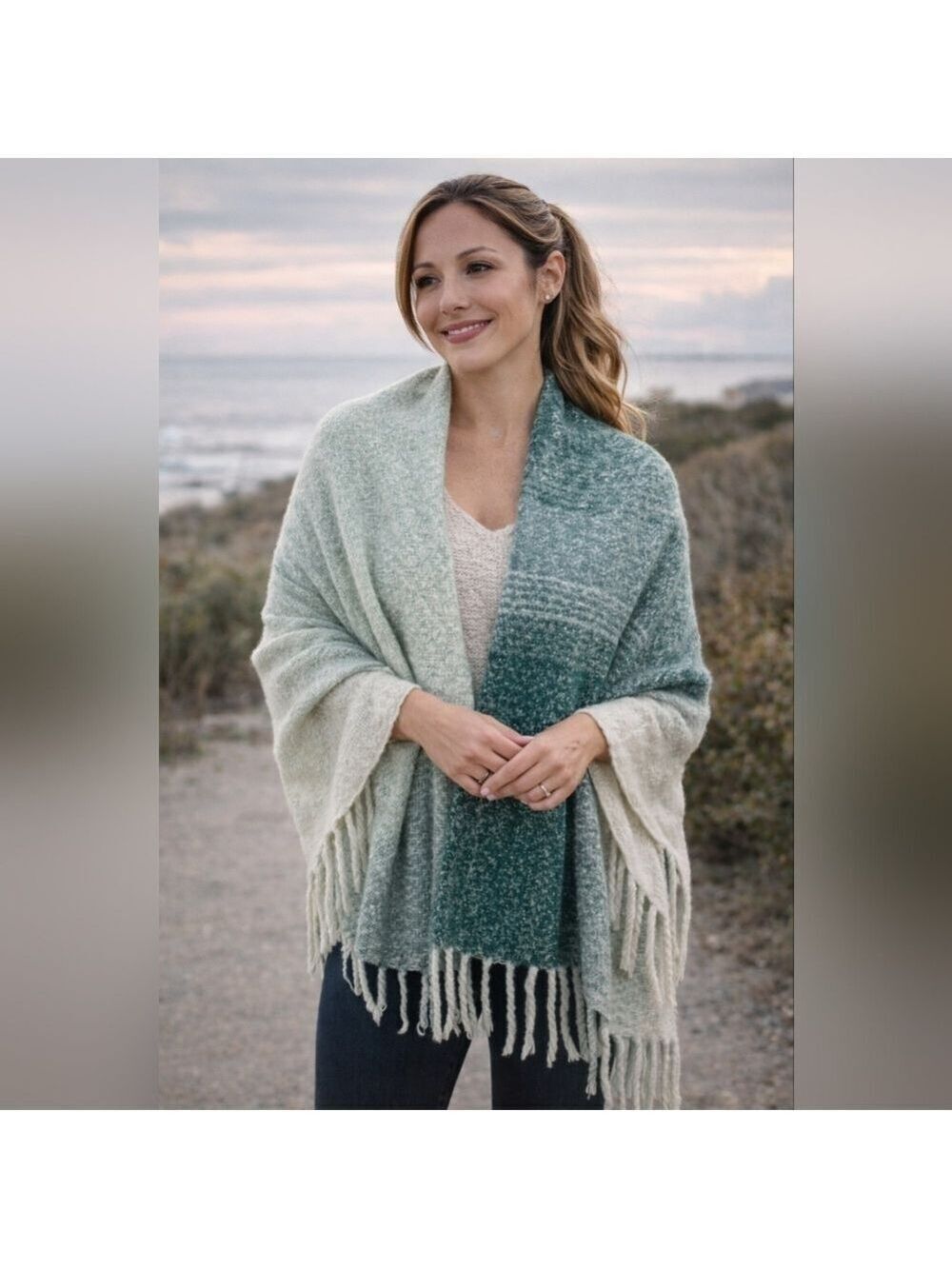 Mer Sea Classic Chunky Oversized Fringe Shawl Wrap | Green Ombre | One Size | NW